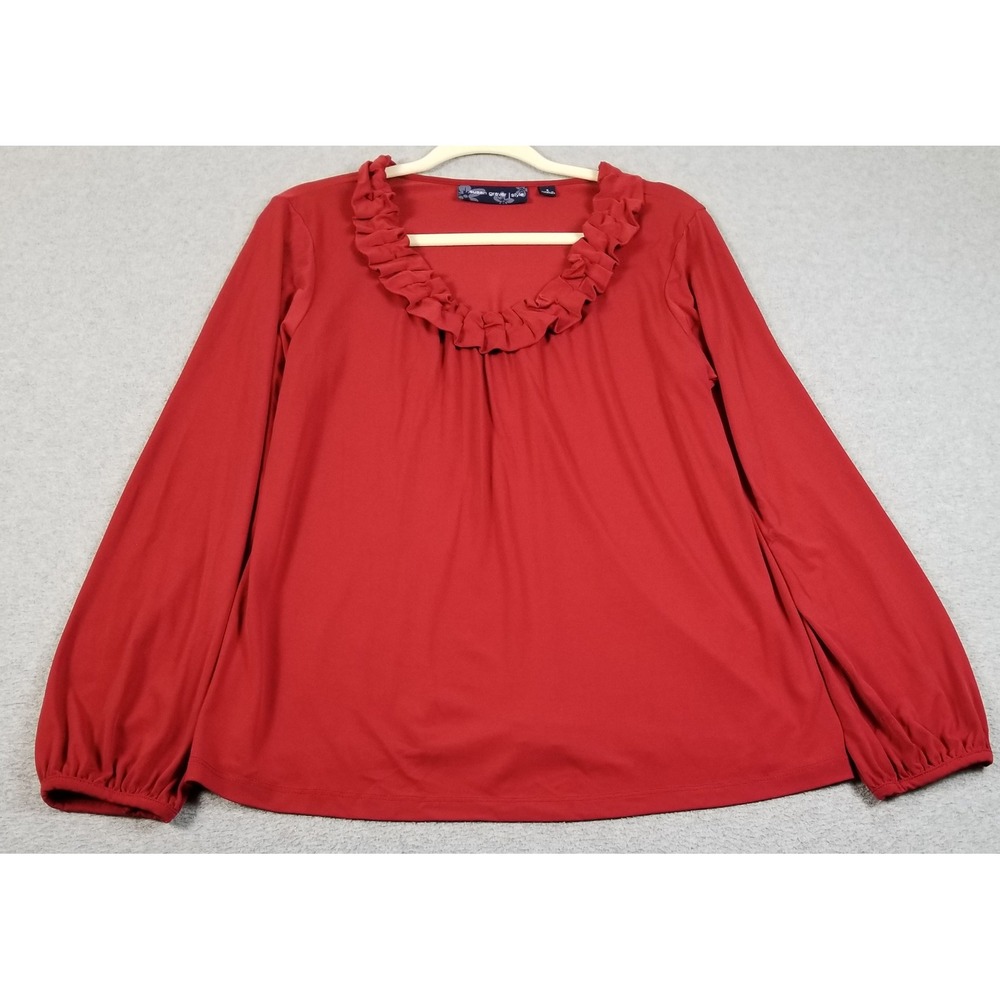 Susan Graver Blouse Women S Small Red Ruffle Neck Long Sleeve Stretch Casual Top